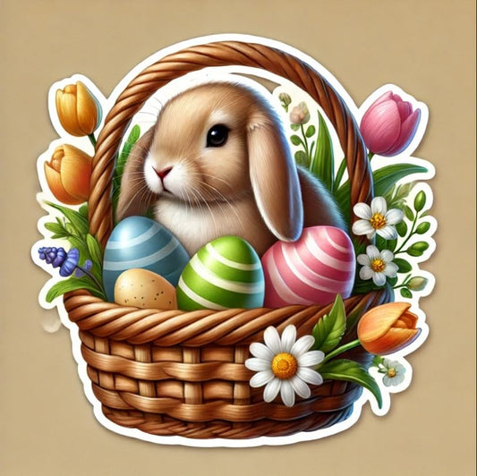 Vinyl sticker: Easter Basket with Realistic Rabbit Laptop Wall Car Window Bumper Sticker Decal Truck Waterproof Auto Water Bottle – Lifelike Bunny with Pastel Eggs & Spring Flowers