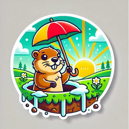 Vinyl sticker: Groundhog Holding Umbrella and Sunrise Scene Laptop Wall Car Window Bumper Sticker Decal Truck Waterproof Auto Water Bottle