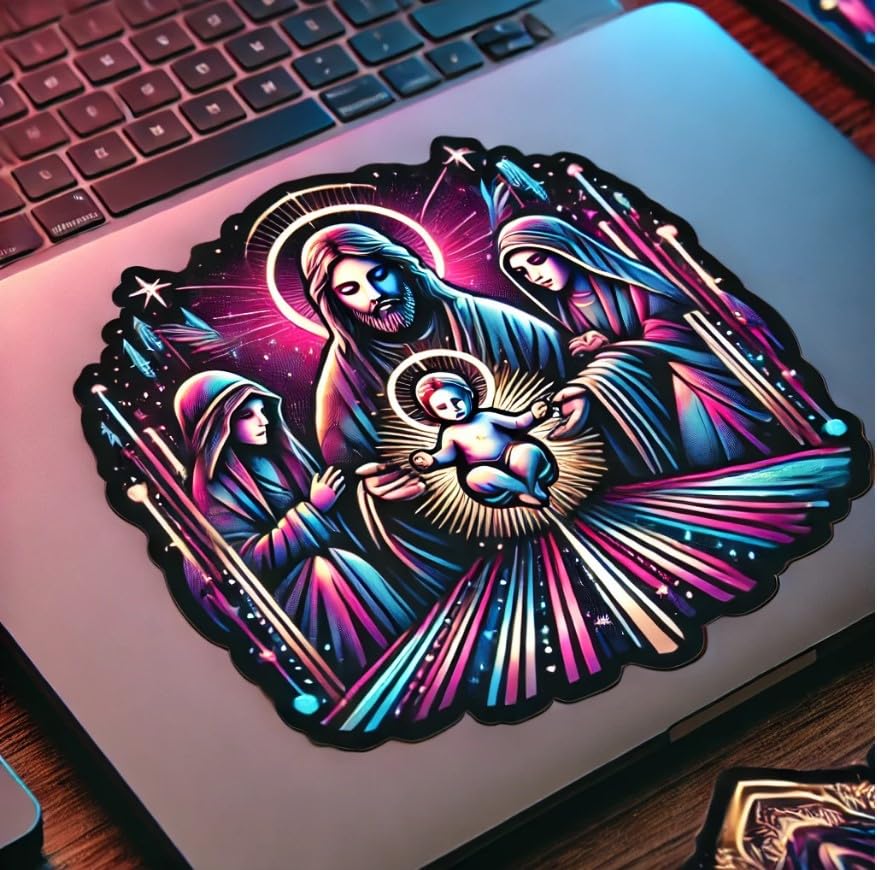 Vinyl sticker: Neon Nativity Scene with Futuristic Background, Laptop and Car Decal (4)