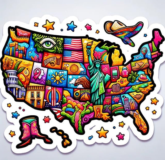 Vinyl sticker: Whimsical USA Map Sticker – Colorful States and Landmarks Decal for Laptops, Cars, and Windows