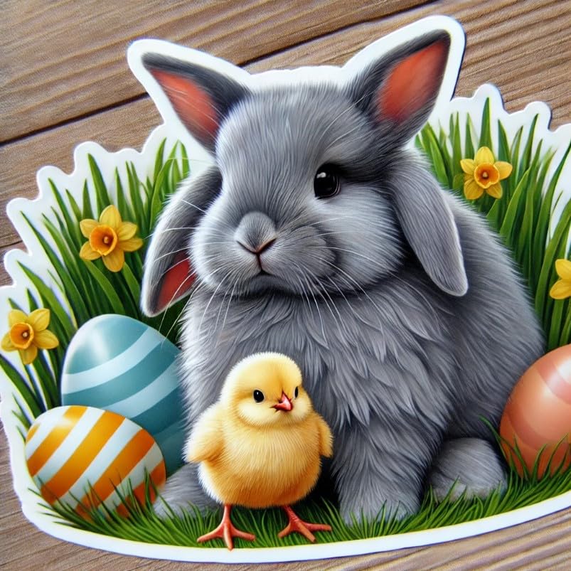 Vinyl sticker: Grey Easter Bunny and Chick Sticker for Laptop, Wall, Car, Window, Bumper, Decal, Truck, Waterproof, Auto, Water Bottle – Fluffy Rabbit with Colorful Eggs