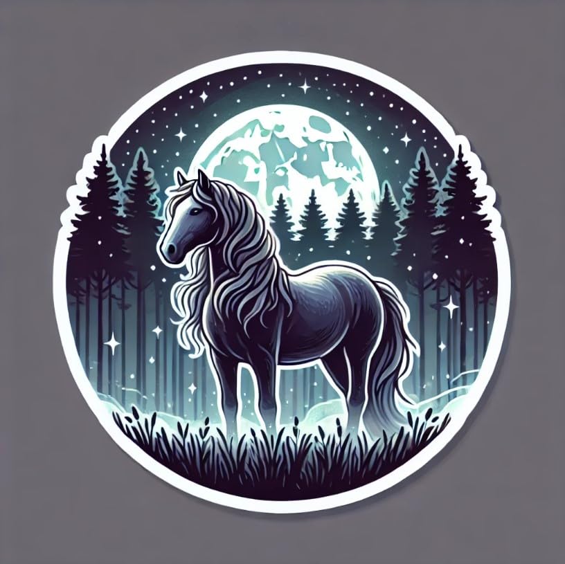 Vinyl sticker: Mystical American Morgan Horse Moonlit Forest Sticker – Waterproof Decal for Laptop, Wall, Car, Window, Bumper, Truck, Auto, Water Bottle