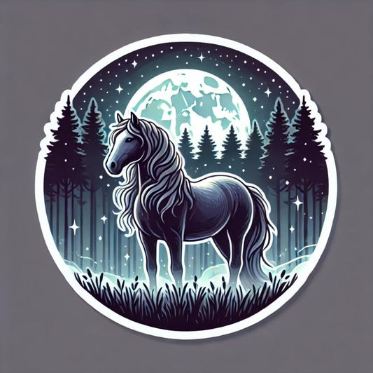 Vinyl sticker: Mystical American Morgan Horse Moonlit Forest Sticker – Waterproof Decal for Laptop, Wall, Car, Window, Bumper, Truck, Auto, Water Bottle