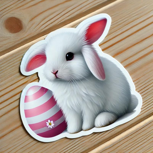Vinyl sticker: Realistic White Easter Bunny Sticker for Laptop, Wall, Car, Window, Bumper, Decal, Truck, Waterproof, Auto, Water Bottle – Cute Rabbit with Pastel Egg (4)