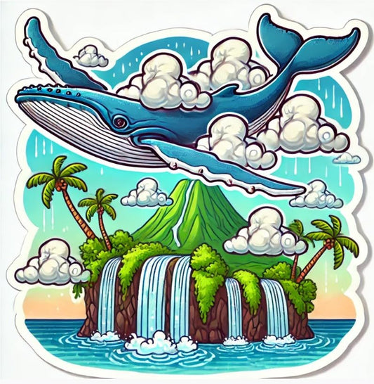 Vinyl sticker: Waterproof Laptop Car Wall Window Bumper Sticker Decal of Humpback Whale Flying with Cloud Wings Over Hawaiian Island with Waterfalls