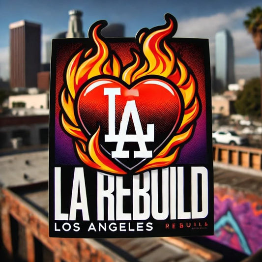 Vinyl sticker: LA Rebuild - Flaming Heart Los Angeles Support Sticker