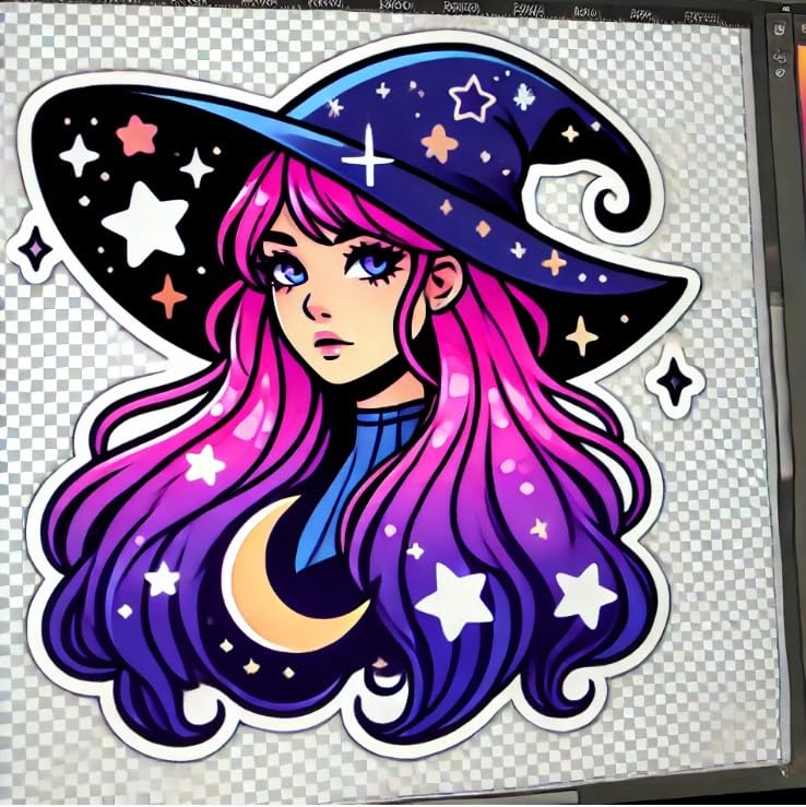 Vinyl sticker: Celestial Witch Laptop, Wall, Car, Window, Bumper Sticker Decal - Enigmatic Pink & Purple Hair, Blue Outfit, Stars & Moon Hat - Waterproof. Variation 6