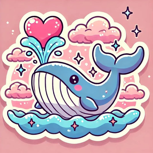 Vinyl sticker: Waterproof Laptop Car Wall Window Bumper Sticker Decal of Humpback Whale Spraying Heart-Shaped Spout Surrounded by Stars and Pink Clouds
