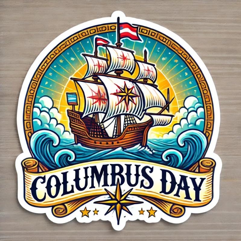 Vinyl sticker: Columbus Day Car, Laptop, Wall, Window, Bumper Sticker – Traditional Sailing Ship with Compass, Waterproof Decal for Auto, Water Bottles, and Trucks