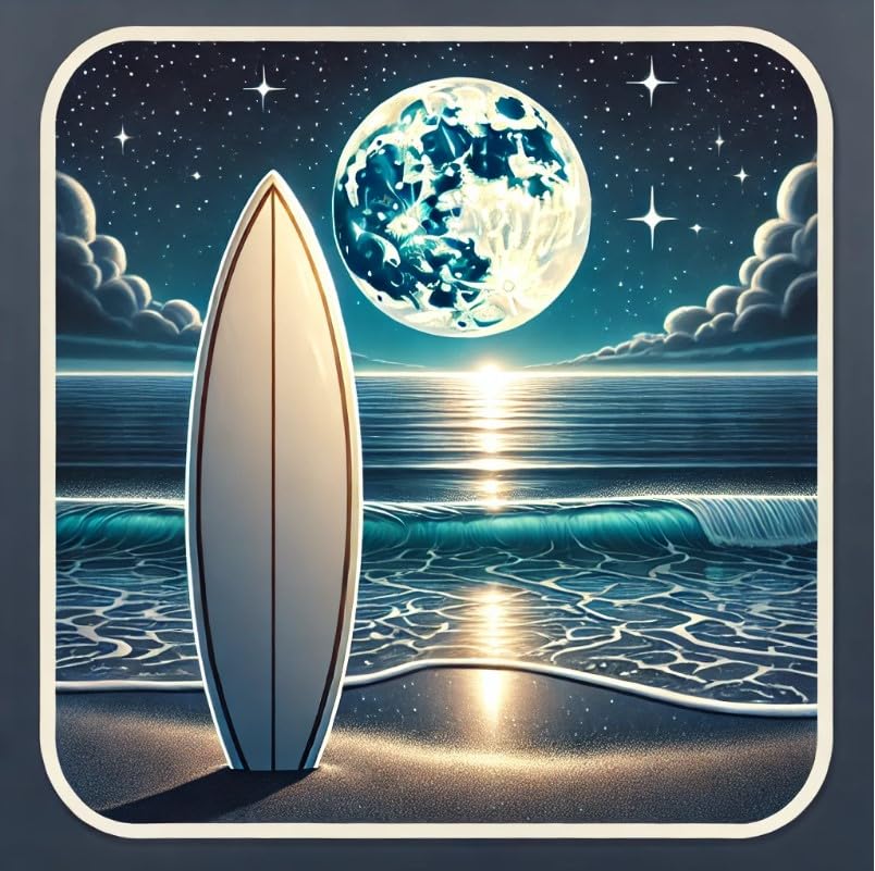 Vinyl sticker: Laptop Wall Car Window Bumper Sticker Decal Truck Waterproof Auto Water Bottle Surfboard on Night Beach with Full Moon Glow and Sparkling Stars (4)