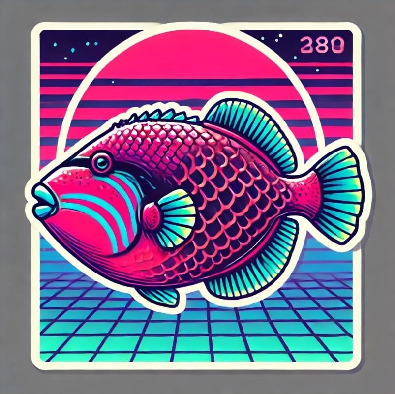 Vinyl sticker: Laptop Wall Car Window Bumper Sticker Decal Truck Waterproof Auto Water Bottle – Retro 80s Undulated Triggerfish with Neon Vaporwave Grid and Sunset (4)