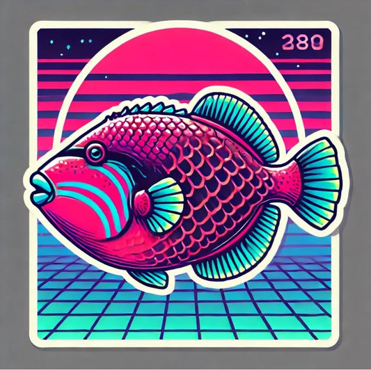 Vinyl sticker: Laptop Wall Car Window Bumper Sticker Decal Truck Waterproof Auto Water Bottle – Retro 80s Undulated Triggerfish with Neon Vaporwave Grid and Sunset (4)