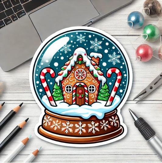 Vinyl sticker: Whimsical Gingerbread Snow Globe Sticker for Laptop, Wall, Car, Window, Bumper, Waterproof Winter Decal for Trucks, Water Bottles, and Festive Spaces