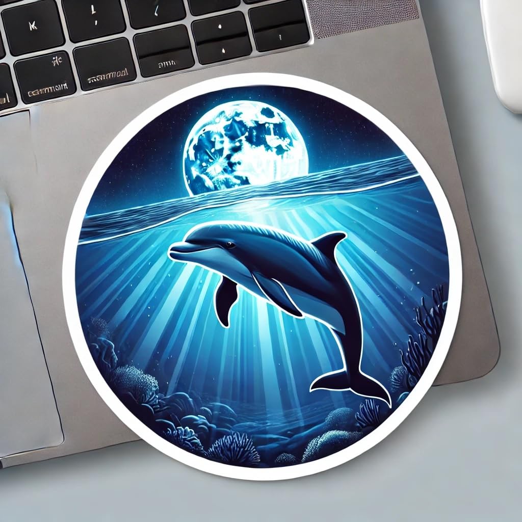 Vinyl sticker: Laptop Wall Car Window Bumper Sticker Decal Truck Waterproof Auto Water Bottle – Realistic Dolphin Swimming Under Moonlit Ocean Surface in Deep Blue Light and Tranquil Night Theme