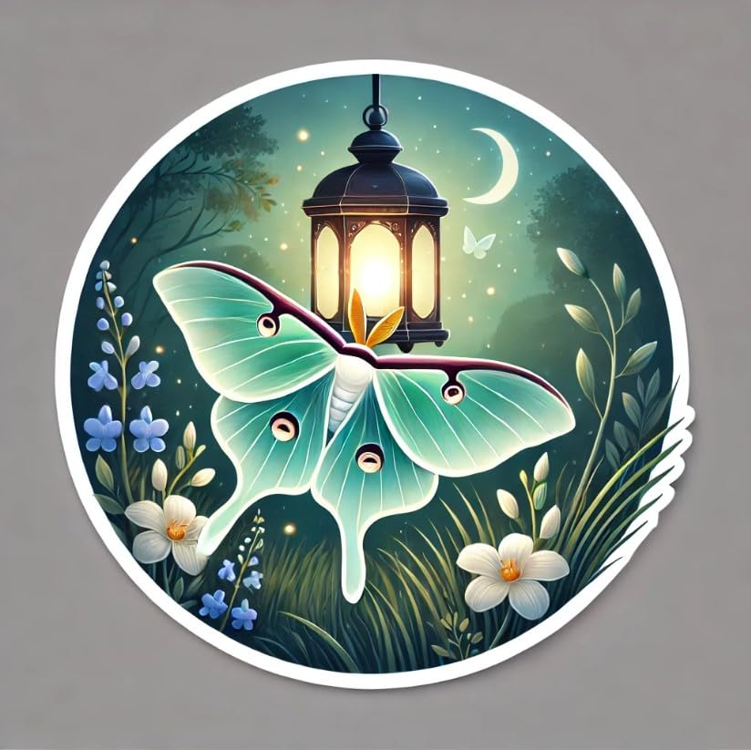 Vinyl sticker: Luna Moth and Lantern Laptop Wall Car Window Bumper Sticker Decal - Serene Garden at Dusk with Glowing Light, Peaceful Vinyl for Trucks, Water Bottles, Auto, and More