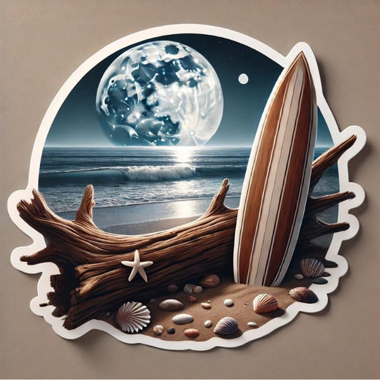 Vinyl sticker: Laptop Wall Car Window Bumper Sticker Decal Truck Waterproof Auto Water Bottle Surfboard Leaning on Driftwood with Moonlight, Shells, and Breeze