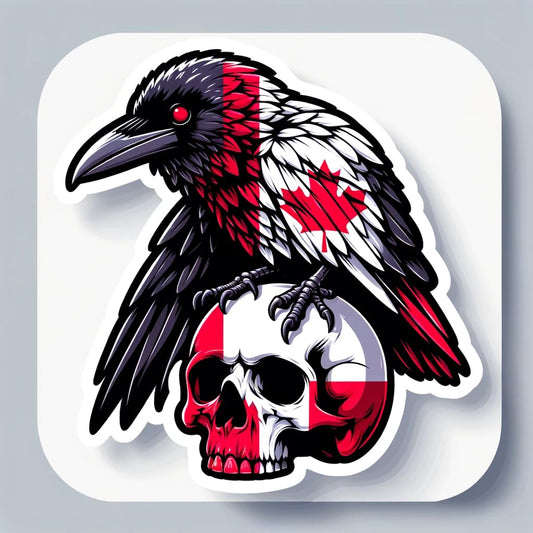 Vinyl sticker: Canadian Flag Raven Crow on Skull Laptop Wall Car Window Bumper Sticker Decal Truck Waterproof Auto Water Bottle