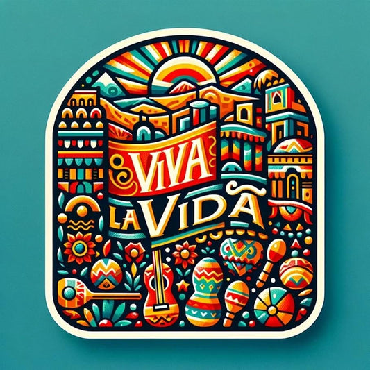 Vinyl sticker: Viva LA VIDA Artistic Design Sun Guitar Lifestyle Sticker Frida Kahlo Inspired Multicolor Waterproof Vinyl Decals in Diverse Shapes for Laptops Cars Bottles (8")