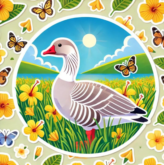Vinyl sticker: Laptop Wall Car Window Bumper Sticker Decal Waterproof Truck Auto Water Bottle – Hawaiian Goose Nene in Meadow with Yellow Hibiscus, Butterflies and Bright Sunny Nature Scene