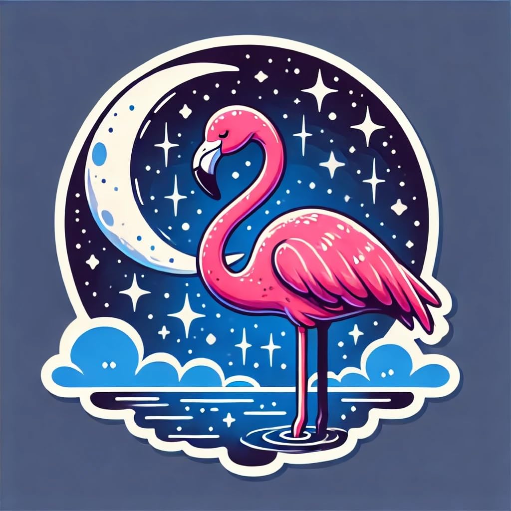 Vinyl sticker: Magical Night Flamingo Decal Sticker for Laptop, Wall, Car, Window, Bumper, Truck, Waterproof Auto, and Water Bottle - Flamingo Under Crescent Moon with Stars