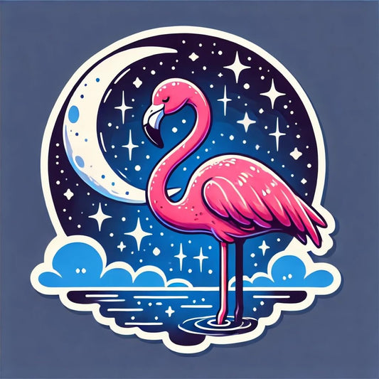 Vinyl sticker: Magical Night Flamingo Decal Sticker for Laptop, Wall, Car, Window, Bumper, Truck, Waterproof Auto, and Water Bottle - Flamingo Under Crescent Moon with Stars