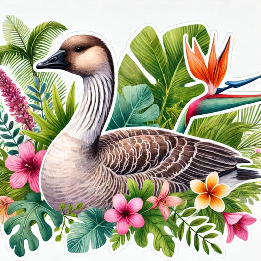 Vinyl sticker: Waterproof Wall Laptop Car Window Sticker Bumper Auto Decal Truck Water Bottle Featuring Watercolor Hawaiian Goose Nene with Tropical Flowers and Lush Plants (4)