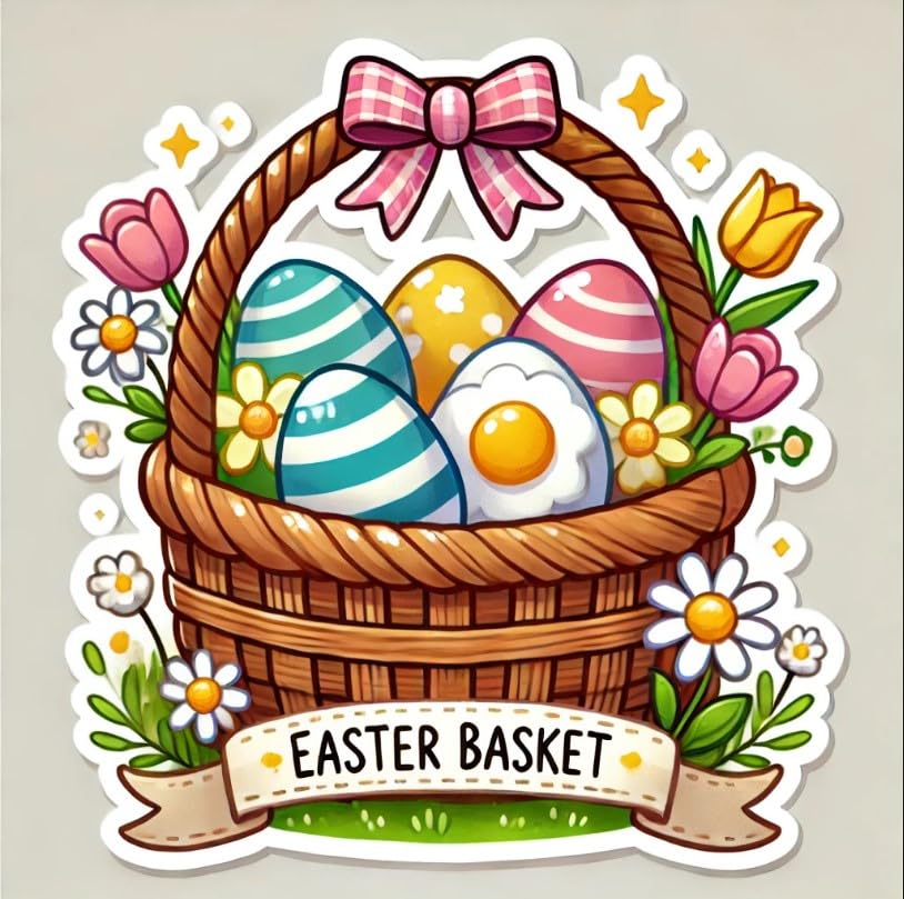 Vinyl sticker: Easter Basket Laptop Wall Car Window Bumper Sticker Decal Truck Waterproof Auto Water Bottle – Woven Basket with Spring Flowers & Festive Eggs (6)