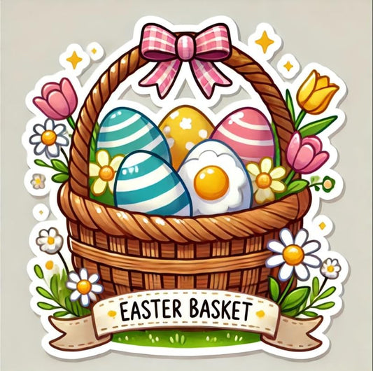 Vinyl sticker: Easter Basket Laptop Wall Car Window Bumper Sticker Decal Truck Waterproof Auto Water Bottle – Woven Basket with Spring Flowers & Festive Eggs (6)