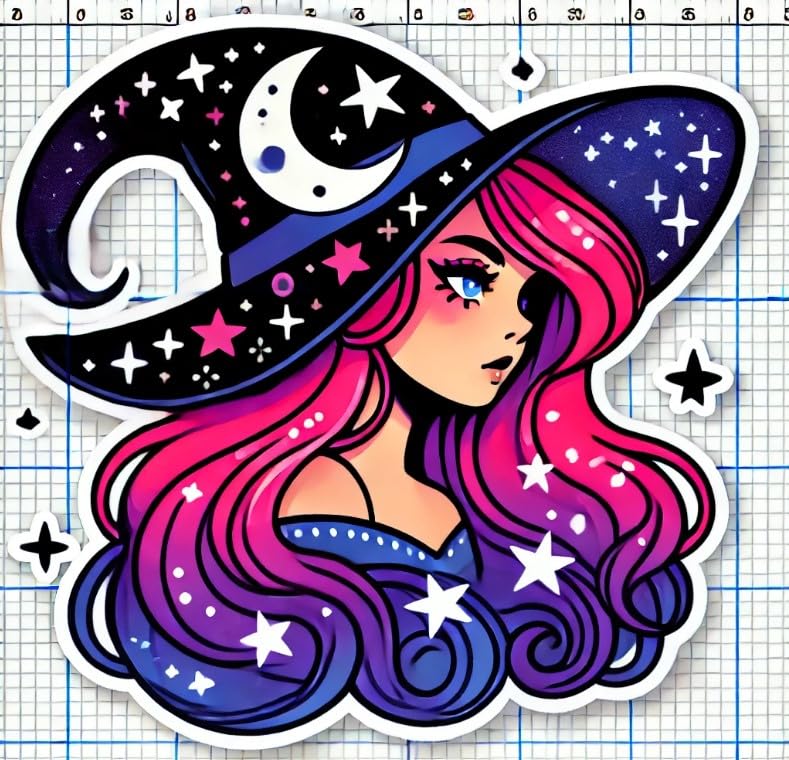 Vinyl sticker: Celestial Witch Laptop, Wall, Car, Window, Bumper Sticker Decal - Vibrant Pink & Purple Hair, Blue Outfit, Stars & Moon Hat - Waterproof. Variation 5 (4)