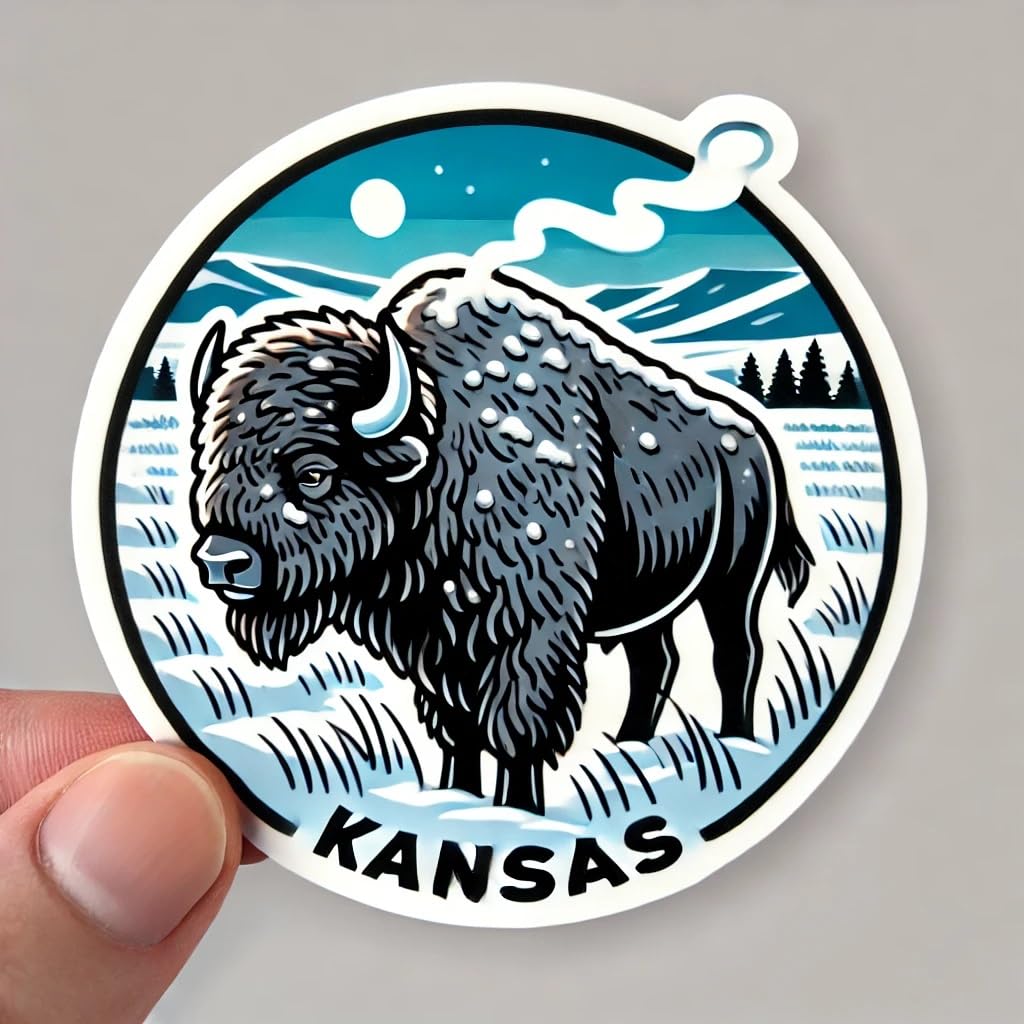 Vinyl sticker: American Bison in Snow Waterproof Sticker for Laptop, Wall, Car, Window, Bumper, Decal for Truck, Auto, Water Bottle – Kansas Winter Wildlife Vinyl