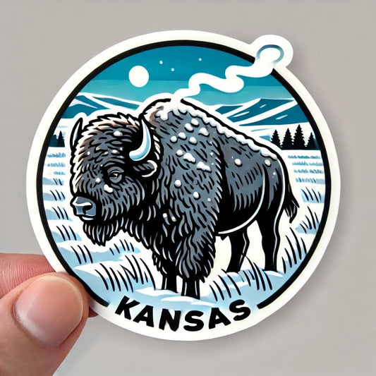 Vinyl sticker: American Bison in Snow Waterproof Sticker for Laptop, Wall, Car, Window, Bumper, Decal for Truck, Auto, Water Bottle – Kansas Winter Wildlife Vinyl