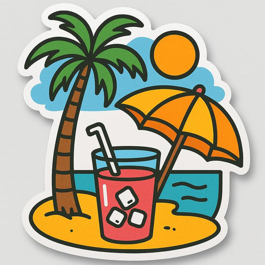 Vinyl sticker: Playful Tropical Cocktail Sticker – Waterproof Decal for Laptop, Wall, Car, Window, Bumper, Auto, Water Bottle, Truck – Cartoon Palm Tree with Yellow Umbrella and Sun – Variation 6