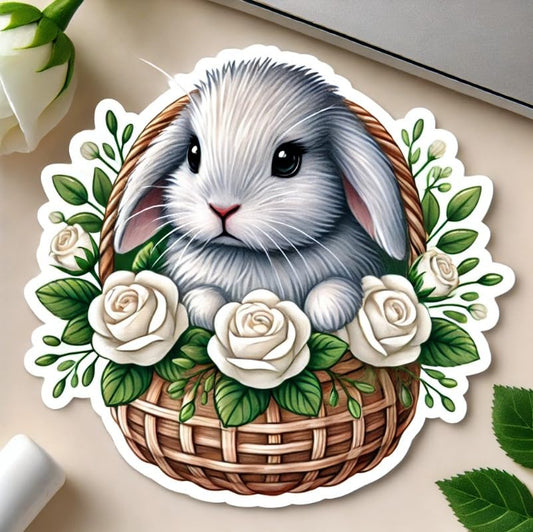 Vinyl sticker: Easter Bunny in Basket with White Roses Sticker for Laptop, Wall, Car, Window, Bumper, Decal, Truck, Waterproof, Auto, Water Bottle – Fluffy Grey Rabbit (4)
