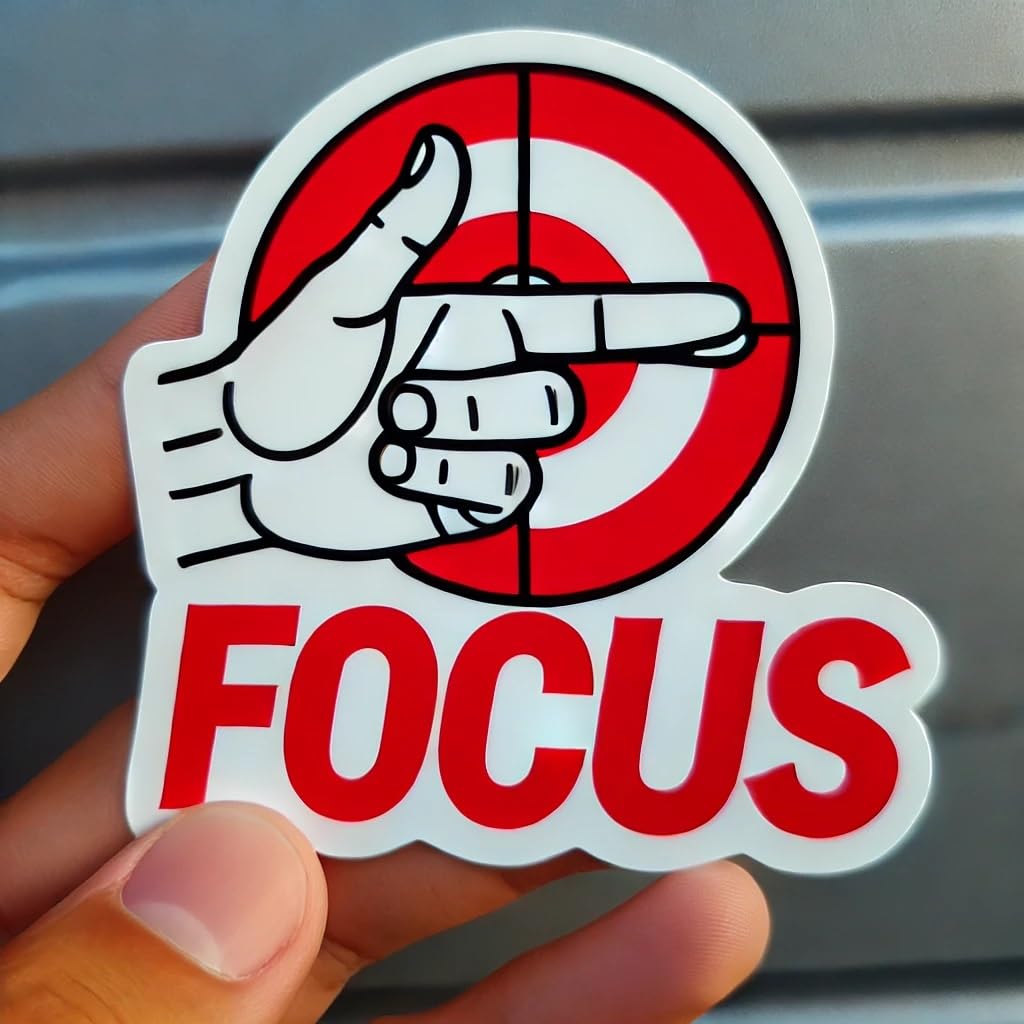 Vinyl sticker: "Focus' Sticker Decal for Car, Window, Bumper, Truck - Bold Red Text with Target Gesture - Waterproof and Durable"