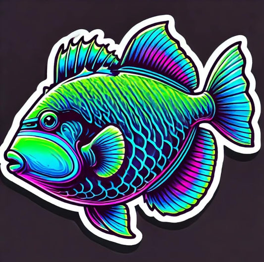 Vinyl sticker: Laptop Wall Car Window Bumper Sticker Decal Truck Waterproof Auto Water Bottle – Neon Undulated Triggerfish with Glowing Green and Purple on Black Background