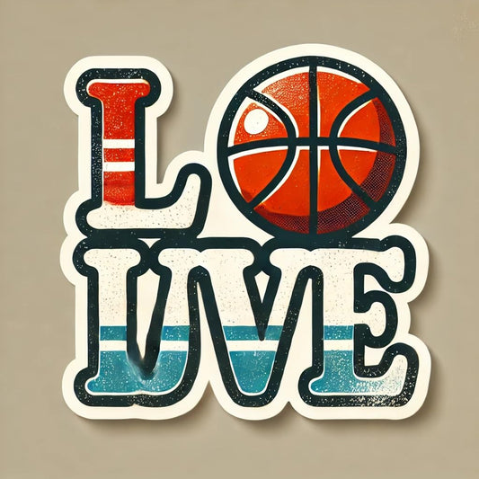 Vinyl sticker: Basketball Love Funny Decal Sticker for Laptop, Wall, Car, Window, Bumper, Truck, Waterproof Auto, and Water Bottle - Retro 'Love' Design with Basketball Replacing 'O' in Vintage Colors