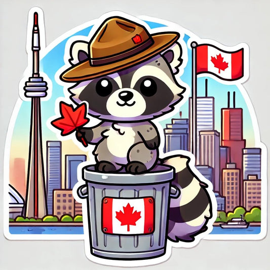 Vinyl sticker: Laptop Wall Car Window Bumper Sticker Decal Truck Waterproof Auto Water Bottle Toronto Trash Panda Raccoon in Mountie Hat Holding Maple Leaf on Trash Can CN Tower View