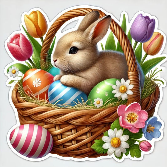 Vinyl sticker: Easter Basket with Realistic Rabbit Laptop Wall Car Window Bumper Sticker Decal Truck Waterproof Auto Water Bottle – Fluffy Bunny with Spring Flowers & Painted Eggs