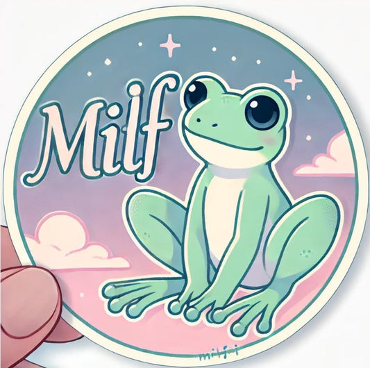 Vinyl sticker: Whimsical Frog Milf Round Sticker for Laptop, Wall, Car, Window, Bumper, Waterproof Decal for Trucks and Water Bottles