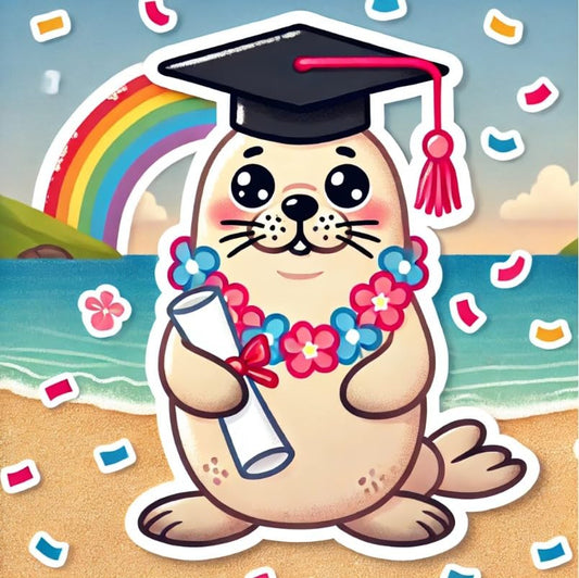 Vinyl sticker: Waterproof Laptop Car Window Wall Bumper Sticker Decal of Hawaiian Monk Seal Graduate with Cap and Diploma on Tropical Beach with Rainbow
