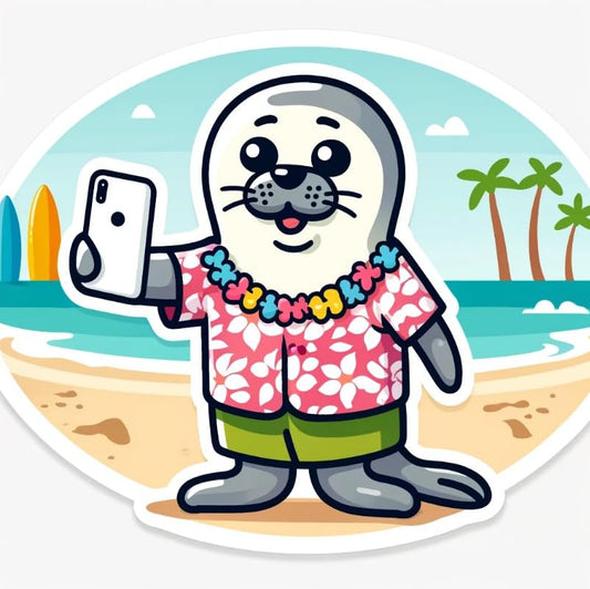Vinyl sticker: Waterproof Car Laptop Wall Window Bumper Sticker Decal of Hawaiian Monk Seal Taking Selfie in Hawaiian Shirt on Sunny Beach