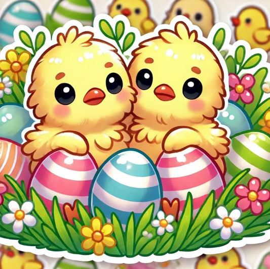Vinyl sticker: Cute Easter Chicks Sticker for Laptop, Wall, Car, Window, Bumper, Decal, Truck, Waterproof, Auto, Water Bottle – Fluffy Baby Birds with Colorful Easter Eggs