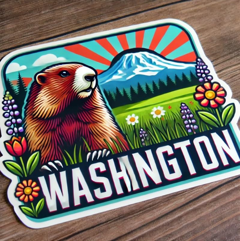 Vinyl sticker: Olympic Marmot Meadow and Mount Rainier Sticker Decal for Laptop, Wall, Car, Window, Waterproof Bumper Auto Truck Water Bottle