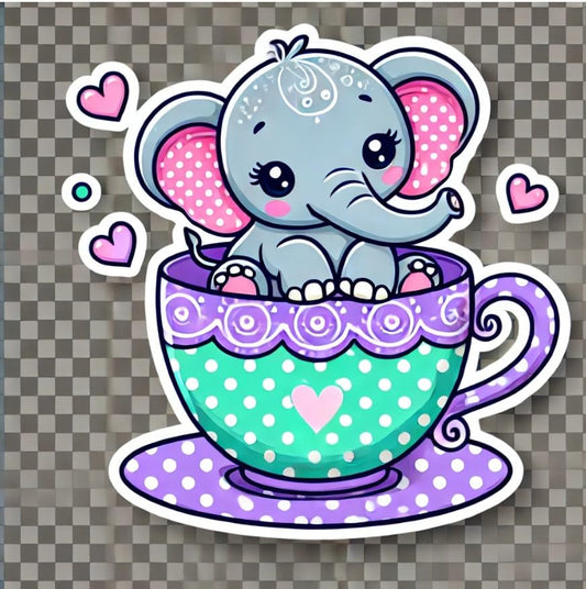 Vinyl sticker: Whimsical Baby Elephant Wall Laptop Car Window Bumper Sticker Decal – Waterproof Vinyl Elephant in Teacup for Water Bottles