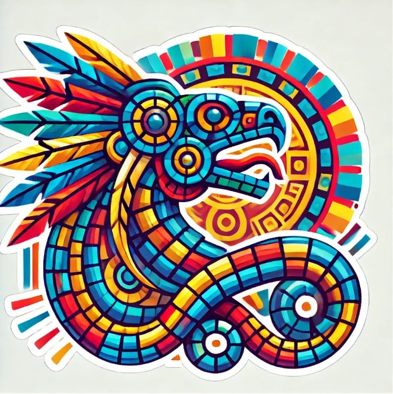Vinyl sticker: Aztec Quetzalcoatl Mosaic Vinyl Decal - Feathered Serpent in Abstract Art - Colorful Sticker for Wall, Car, Window, Bumper, Laptops (6)