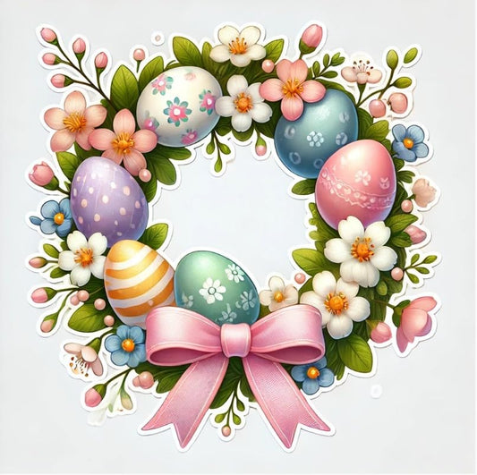 Vinyl sticker: Bunny Easter Wreath Laptop Wall Car Window Bumper Sticker Decal Truck Waterproof Auto Water Bottle – Cute Rabbit Ears with Flowers & Eggs (4)