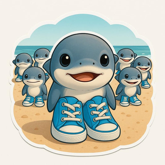Vinyl sticker: Cute Baby Shark Sticker – Cartoon Shark in Blue Sneakers for Laptop, Wall, Car, Window, Bumper, Waterproof Vinyl Decal for Truck, Auto, Water Bottle – Fun Ocean Design – Variation 1
