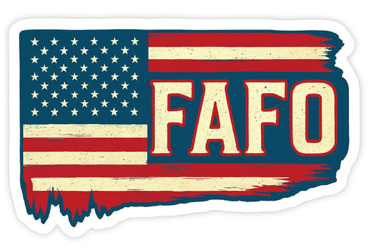 Vinyl sticker: FAFO American Flag Sticker – Horizontal Distressed USA Flag with Bold FAFO Letters – Color Vinyl Decal for Laptop, Car, Window, Bumper, Wall, Truck, Auto, Water Bottle – Variation 26