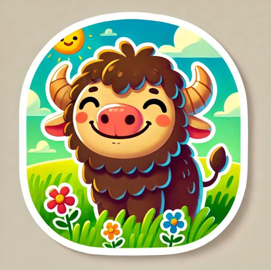 Vinyl sticker: Happy Buffalo Sticker Decal for Laptop, Wall, Car, Window, Bumper, Truck, Water Bottle - Cheerful Buffalo with Bright Smile in Sunny Field - Durable Vinyl Sticker for Auto and Home Decor