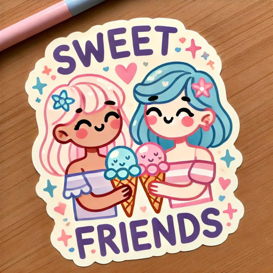 Vinyl sticker: Sweet Friends Sticker for Laptop, Car, Wall, Window, and Water Bottle – Pastel Friendship Day Decal with Ice Cream Theme